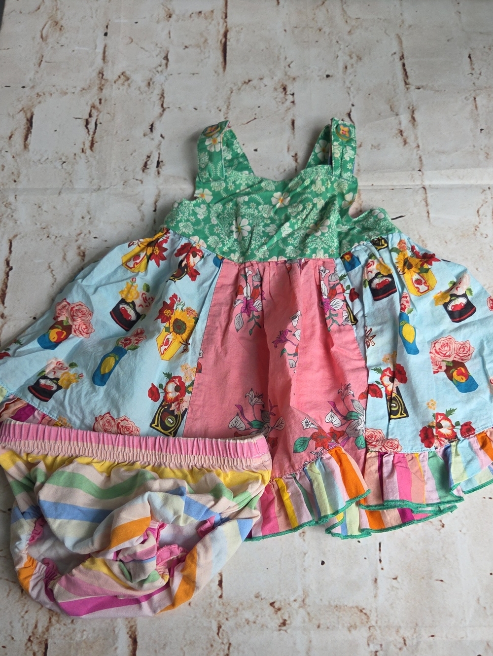 Matilda Jane Green Pink Blue Floral Patchwork Dress with Striped Bloomer